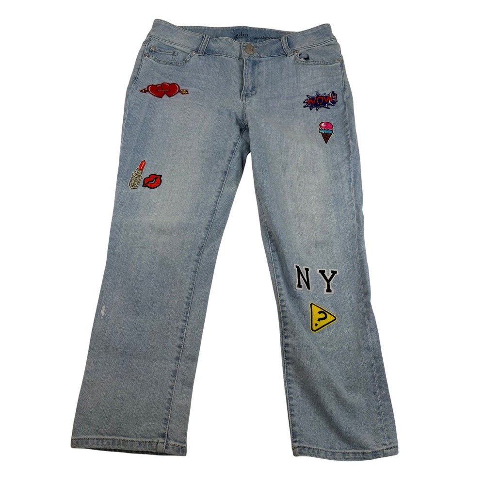 Soho Jeans Womens 10 Light Wash Cropped Boyfriend Novelty Patch Denim Pants
